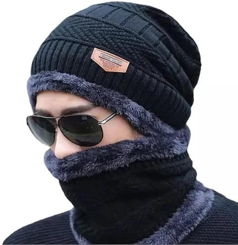 Winter Cap for Men & Women - Wool Beanie with Neck Muffler